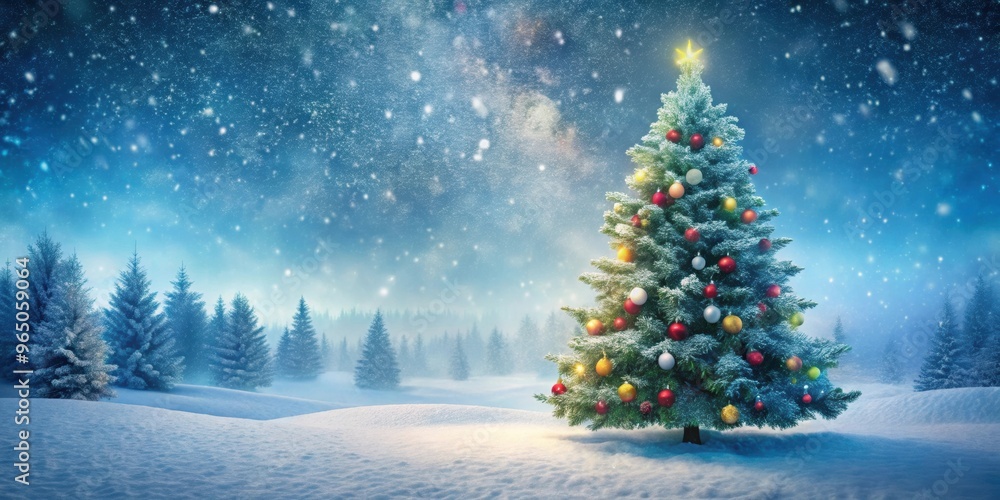 Beautifully painted Christmas tree in tranquil winter setting with soft falling snow , Christmas, tree, winter Beautifully painted Christmas tree in tranquil winter setting with soft falling snow , Christmas, tree, winter