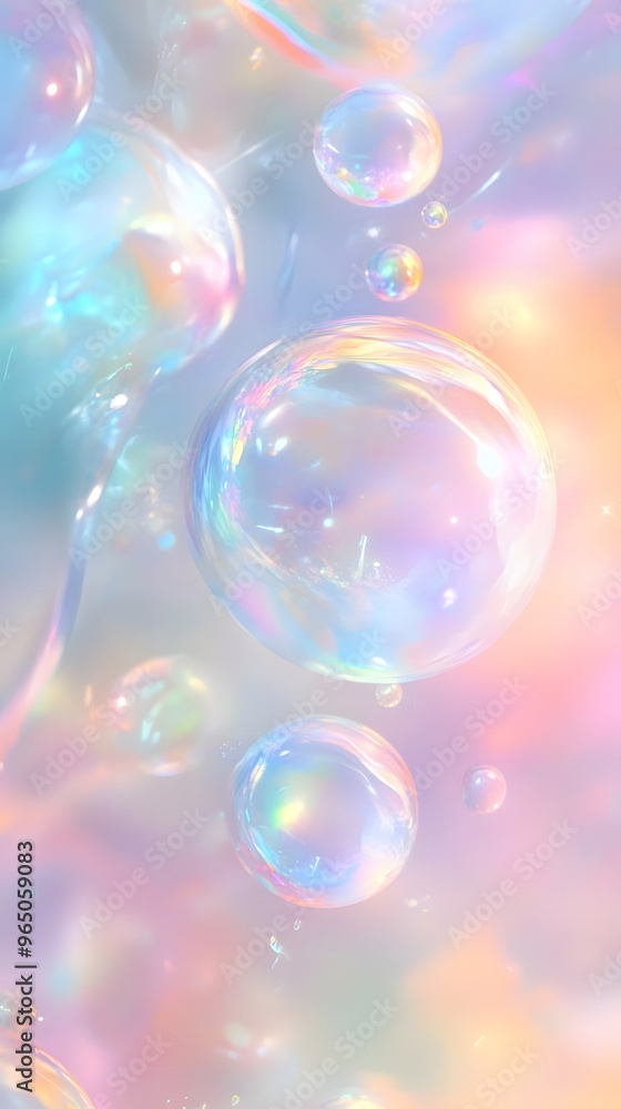 Iridescent Bubbles Floating in a Pastel Sky