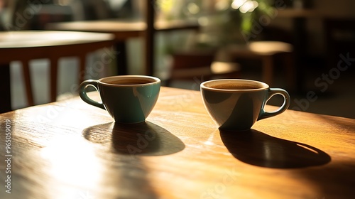 Two coffee cups placed on a wooden table, one slightly tilted, with a subtle reflection of light on the table's surface, capturing a quiet moment in a charming café