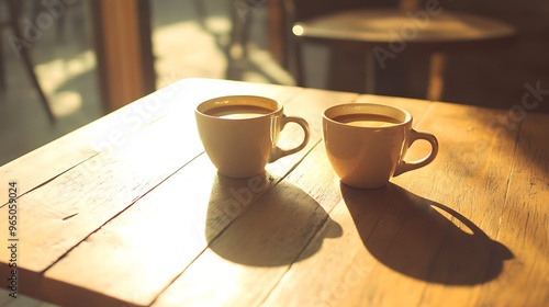 Two coffee cups placed on a wooden table, one slightly tilted, with a subtle reflection of light on the table's surface, capturing a quiet moment in a charming café