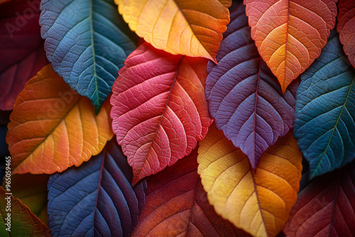 Vibrant autumn leaves in shades of red, orange, yellow, and blue.