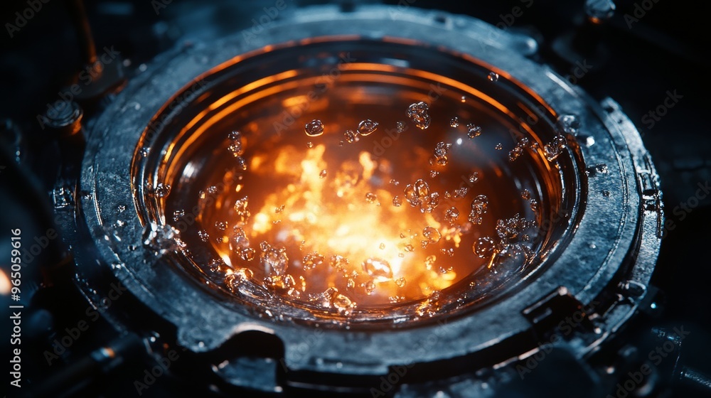 custom made wallpaper toronto digitalA close-up of a fiery, bubbling substance contained within a metallic circular device, showcasing intense heat and dynamic reactions.
