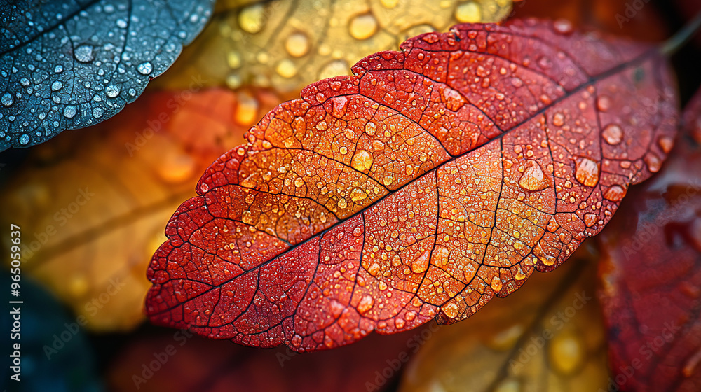 Fototapeta premium Closeup of a red leaf with water droplets.