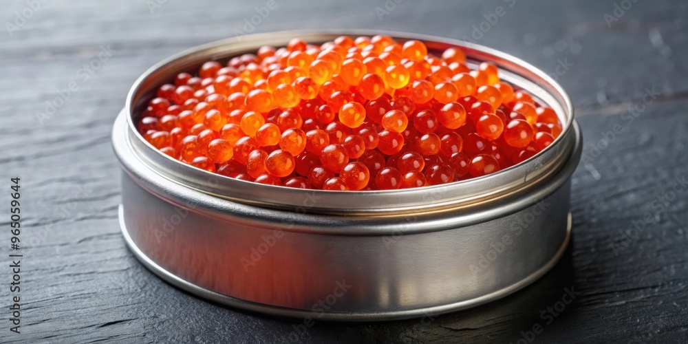 Red caviar in a metal jar , gourmet, luxury, seafood, delicacy, appetizer, Russian cuisine, container, elegant Red caviar in a metal jar , gourmet, luxury, seafood, delicacy, appetizer, Russian cuisine, container, elegant