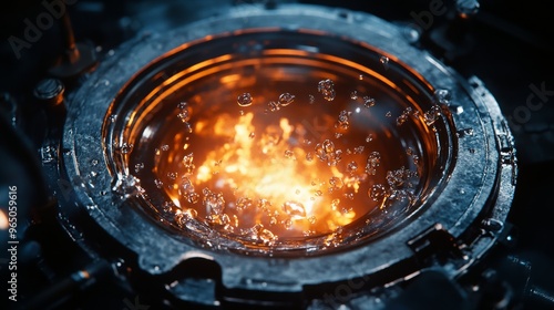 Wallpaper Mural A close-up of a fiery, bubbling substance contained within a metallic circular device, showcasing intense heat and dynamic reactions. Torontodigital.ca