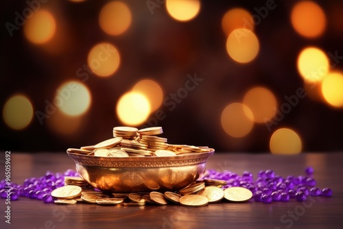 The golden kalash social media header is filled with gold coins (laxami) and diyas on a purple bokeh background and mandala for the festival of Shubh Dhanteras AND COPY-SPACE with generative ai photo