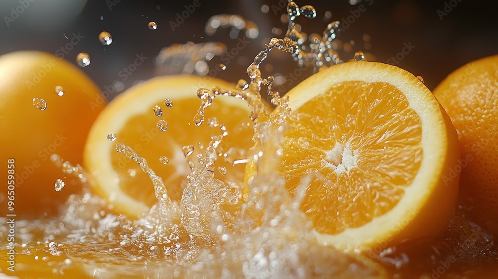Masterfully lit orange juice splash over whole and halved oranges, droplets frozen mid-air, professional camera quality Masterfully lit orange juice splash over whole and halved oranges, droplets frozen mid-air, professional camera quality