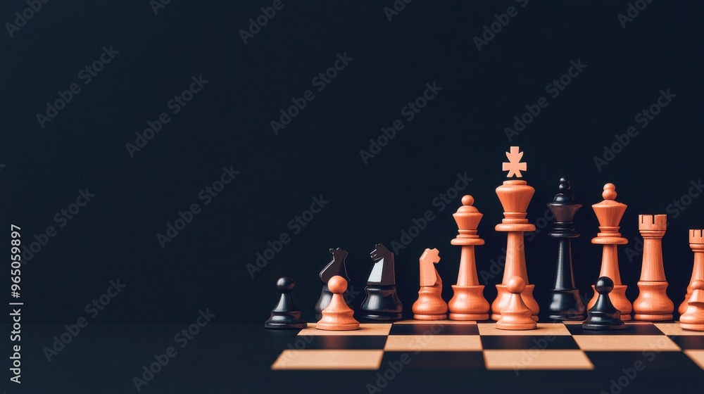 A close-up view of a chessboard featuring intricately designed black and wooden pieces ready for a strategic game. A close-up view of a chessboard featuring intricately designed black and wooden pieces ready for a strategic game.