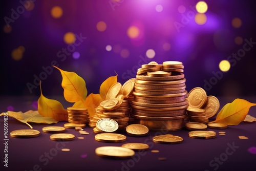 The golden kalash social media header is filled with gold coins (laxami) and diyas on a purple bokeh background and mandala for the festival of Shubh Dhanteras AND COPY-SPACE with generative ai photo