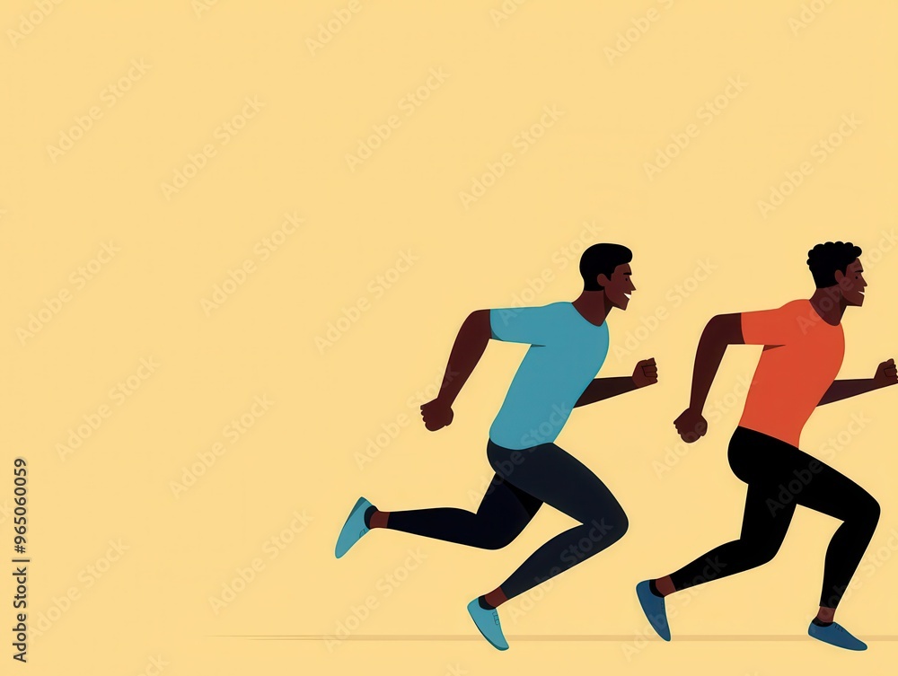 Two male athletes running energetically on a vibrant background, representing speed, fitness, and movement in a dynamic illustration. Two male athletes running energetically on a vibrant background, representing speed, fitness, and movement in a dynamic illustration.