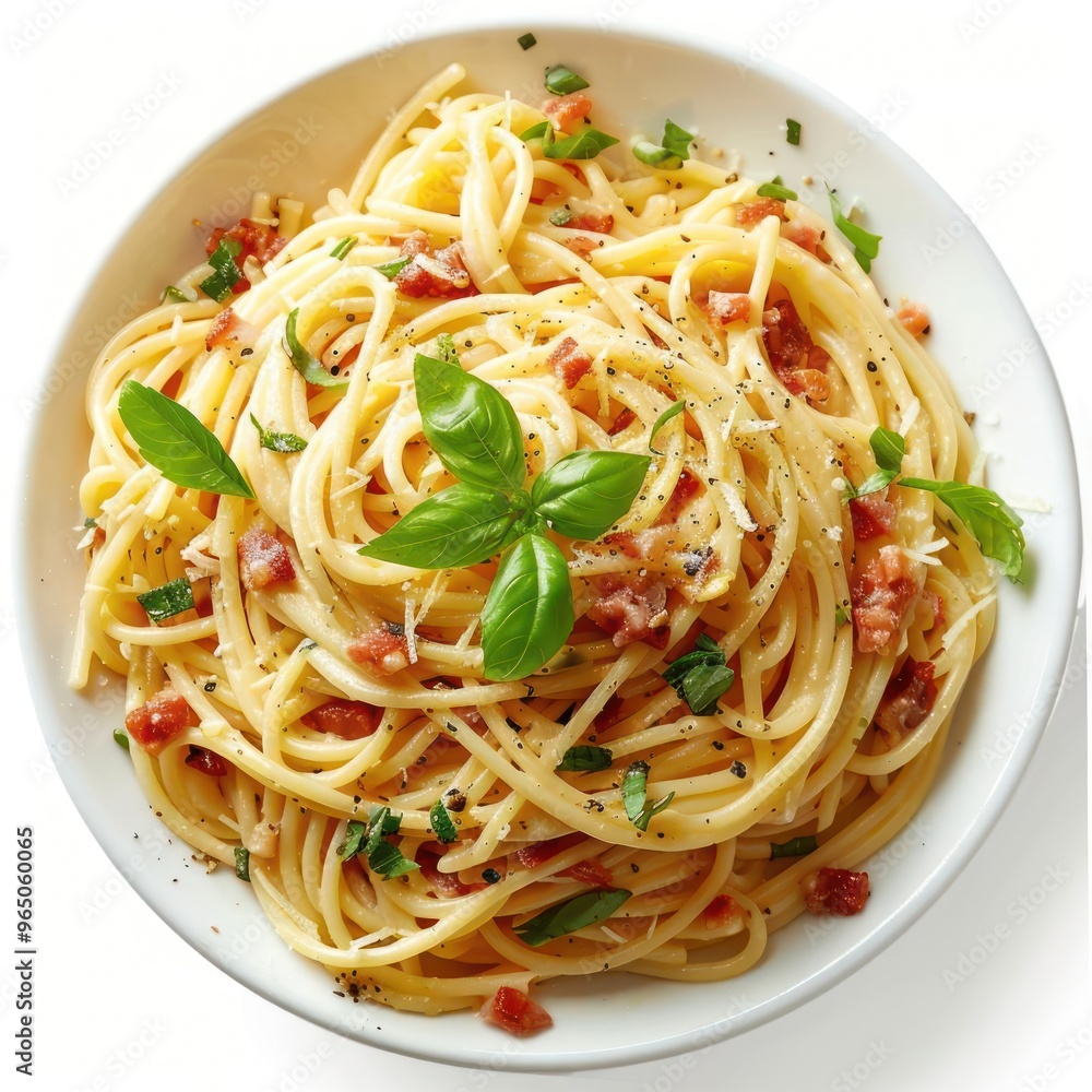 A bowl of spaghetti with cheese, bacon bits, and basil toppings. A bowl of spaghetti with cheese, bacon bits, and basil toppings.