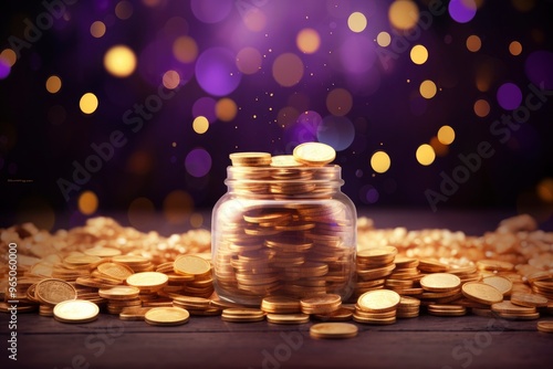 The golden kalash social media header is filled with gold coins (laxami) and diyas on a purple bokeh background and mandala for the festival of Shubh Dhanteras AND COPY-SPACE with generative ai photo