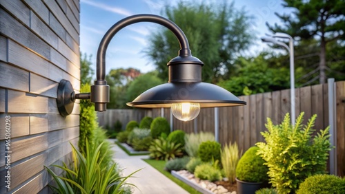 A stylish modern gooseneck outdoor light fixture features an adjustable arm that can be directed to highlight specific