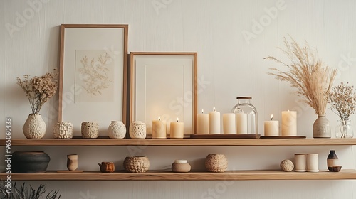 stylish wooden shelf filled with carefully arranged home decor pieces, including candles, framed art, and unique sculptures, set against a soft, neutral wall