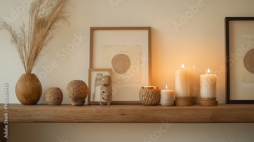 stylish wooden shelf filled with carefully arranged home decor pieces, including candles, framed art, and unique sculptures, set against a soft, neutral wall