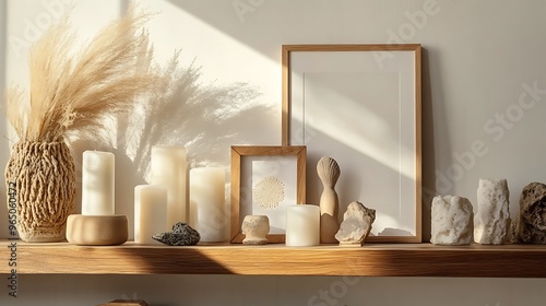 stylish wooden shelf filled with carefully arranged home decor pieces, including candles, framed art, and unique sculptures, set against a soft, neutral wall