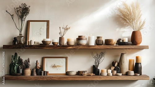 stylish wooden shelf filled with carefully arranged home decor pieces, including candles, framed art, and unique sculptures, set against a soft, neutral wall