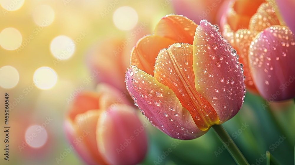 Dewy Pink and Yellow Tulip Blossom with Blurred Bokeh Background Dewy Pink and Yellow Tulip Blossom with Blurred Bokeh Background