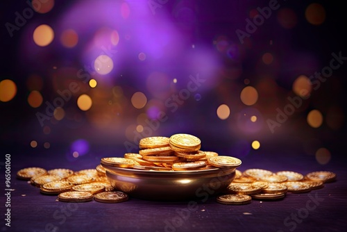 The golden kalash social media header is filled with gold coins (laxami) and diyas on a purple bokeh background and mandala for the festival of Shubh Dhanteras AND COPY-SPACE with generative ai photo