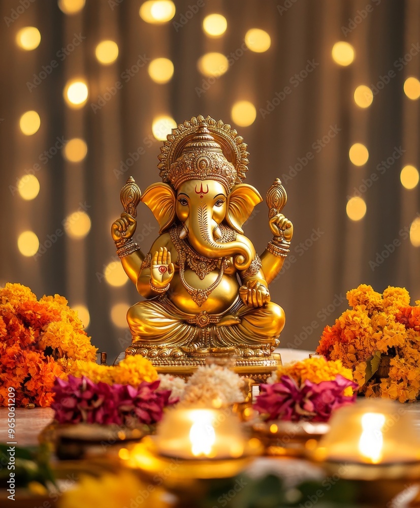 Obraz premium Diwali diya oil lamps with flowers and statue of GANESHA in a meditative pose and holiday background. Creating a festive and decorative composition.