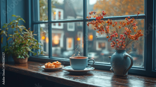 Cozy autumn window scene with tea and pastries.