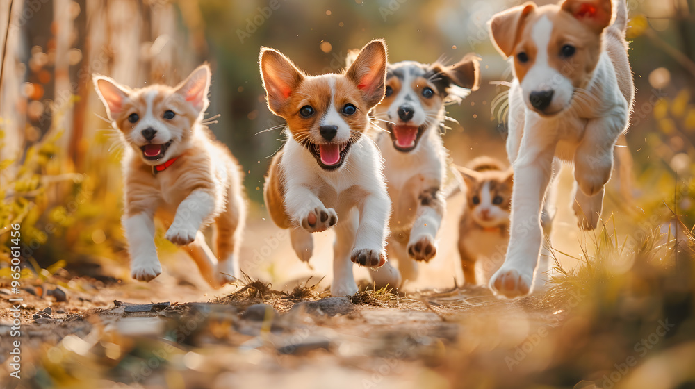 Cute funny dog and cat group jumps and running and happily a field blurred background Cute funny dog and cat group jumps and running and happily a field blurred background