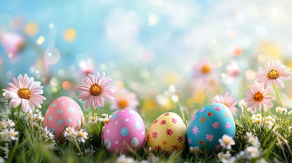 Colorful Easter Eggs Nestled in Spring Daisies and Grass Colorful Easter Eggs Nestled in Spring Daisies and Grass