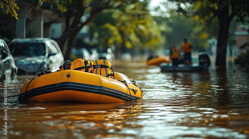 Boats engaged in rescue operations during a flood, high water levels, evacuation efforts, dramatic water conditions, high-resolution details of emergency response, copy space for relief updates, Boats engaged in rescue operations during a flood, high water levels, evacuation efforts, dramatic water conditions, high-resolution details of emergency response, copy space for relief updates,