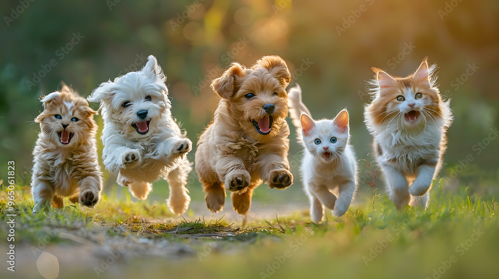 Cute funny dog and cat group jumps and running and happily a field blurred background Cute funny dog and cat group jumps and running and happily a field blurred background