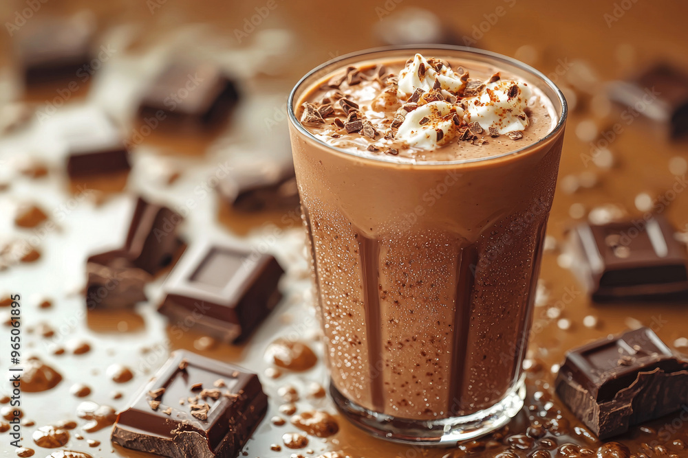 Close-up of a chocolate milkshake topped with whipped cream and chocolate shavings. Close-up of a chocolate milkshake topped with whipped cream and chocolate shavings.
