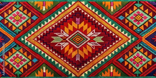 A vibrant textile blend of intricate geometric patterns, earthy hues, and symbolic motifs celebrates Mexico's ancient,