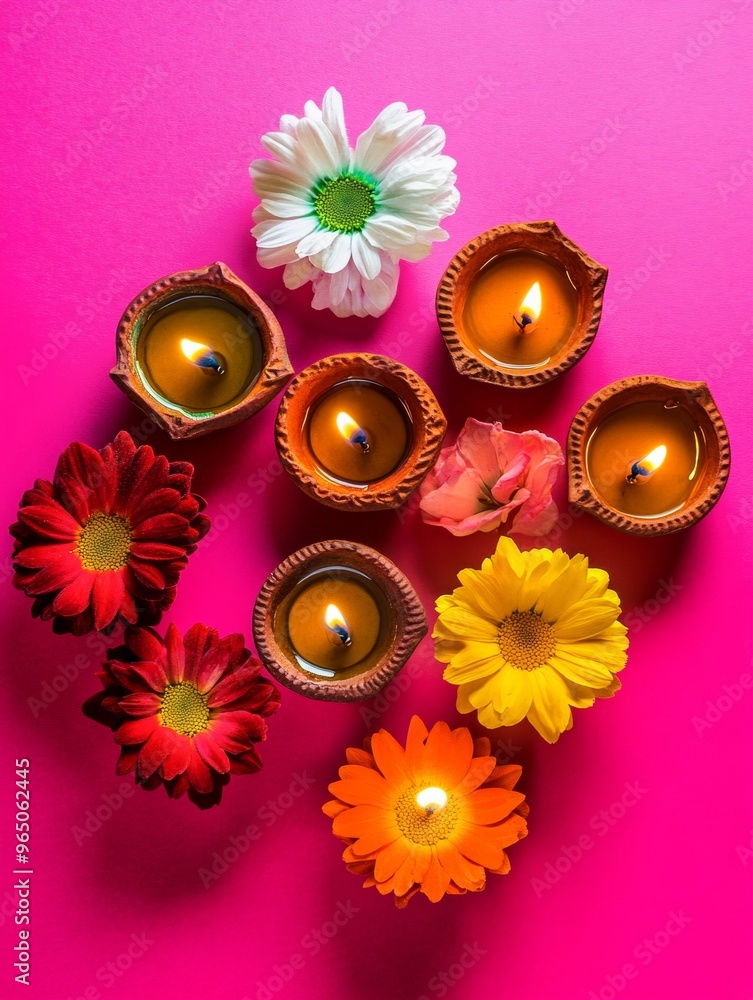 Diwali diya oil lamps with flowers holiday background. Creating a festive and decorative composition. Diwali diya oil lamps with flowers holiday background. Creating a festive and decorative composition.