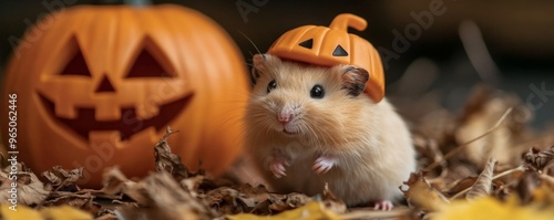 Adorable Pumpkin Hamster Celebrating Halloween with Jack-o'-lantern | Cute Rodent in Festive Costume