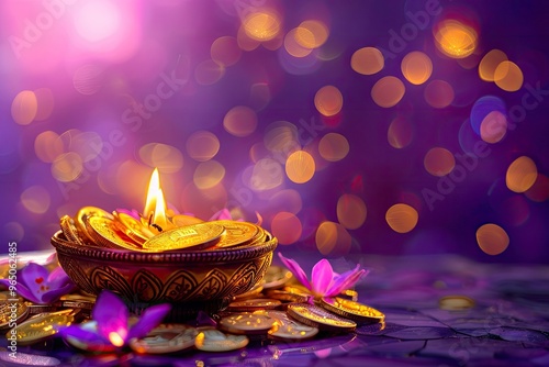 The golden kalash social media header is filled with gold coins (laxami) and diyas on a purple bokeh background and mandala for the festival of Shubh Dhanteras AND COPY-SPACE with generative ai photo