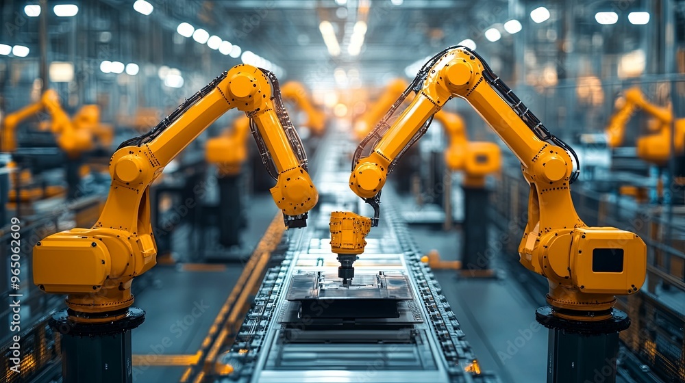 Two Yellow Industrial Robots Working on a Conveyor Belt in a Factory Two Yellow Industrial Robots Working on a Conveyor Belt in a Factory