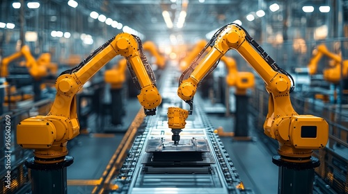 Two Yellow Industrial Robots Working on a Conveyor Belt in a Factory