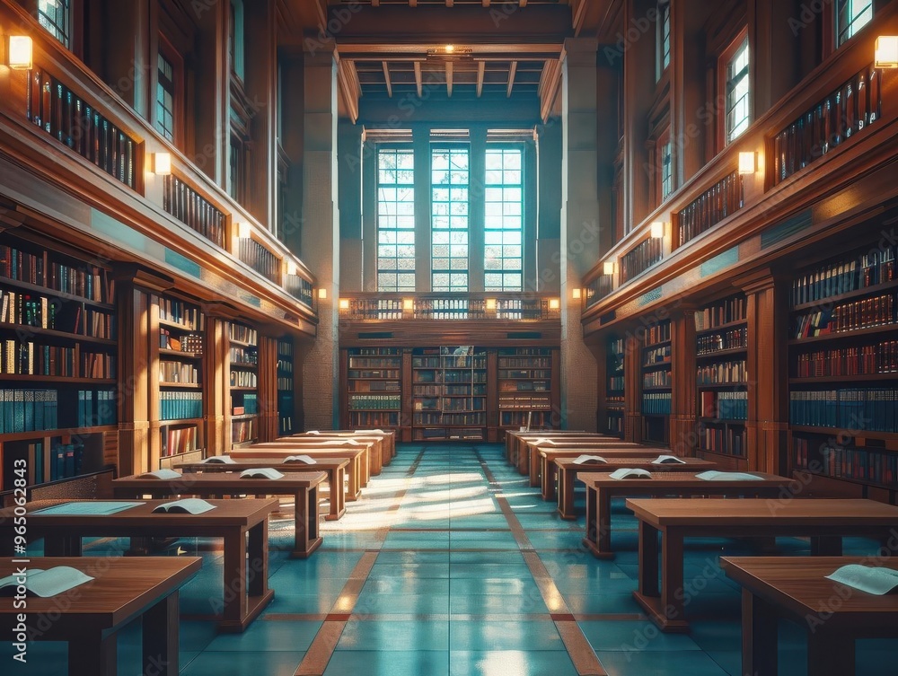 A serene library interior with wooden shelves, bright windows, and spacious tables, inviting study and reflection.
