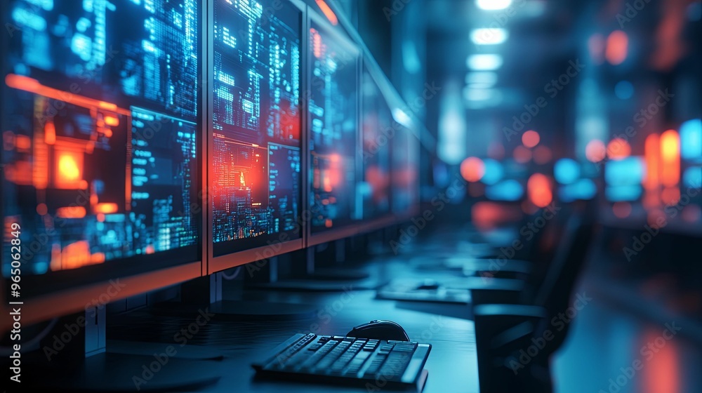 A Row of Monitors Displaying Data and Code in a Dark Room A Row of Monitors Displaying Data and Code in a Dark Room