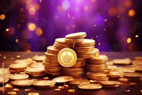 The golden kalash social media header is filled with gold coins (laxami) and diyas on a purple bokeh background and mandala for the festival of Shubh Dhanteras AND COPY-SPACE with generative ai photo