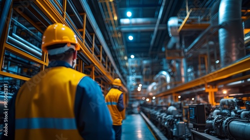 Two Workers in Yellow Hard Hats Walking Through Industrial Facility