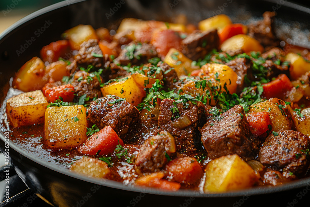 Close up of a hearty beef stew with potatoes and carrots. Close up of a hearty beef stew with potatoes and carrots.