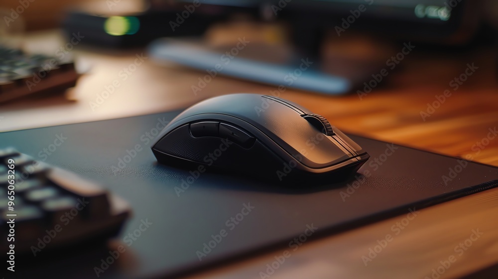 A black computer mouse resting on a black mousepad on a wooden desk. A black computer mouse resting on a black mousepad on a wooden desk.