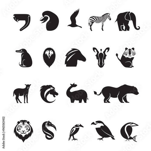 A collection of black and white animal silhouettes.