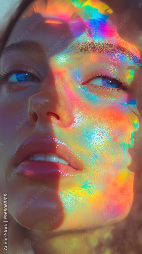 Close-up Portrait of Woman with Iridescent Light Reflecting on Face Close-up Portrait of Woman with Iridescent Light Reflecting on Face