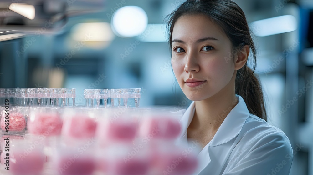 Female Scientist Looking at Pink Samples in a Laboratory Female Scientist Looking at Pink Samples in a Laboratory