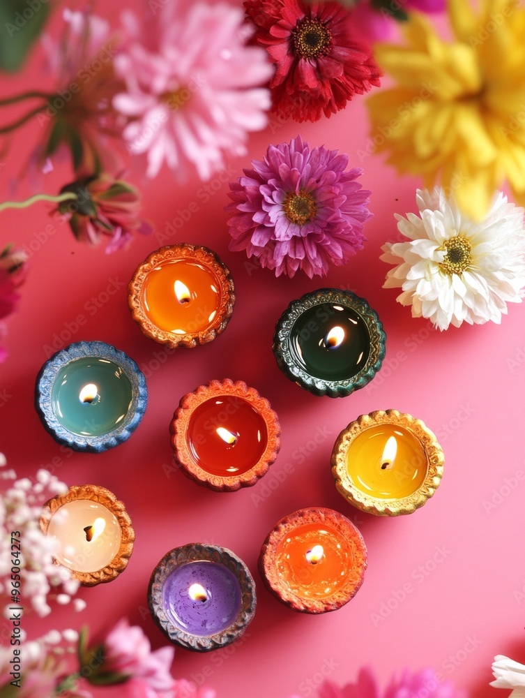 Diwali diya oil lamps with flowers holiday background. Creating a festive and decorative composition. Diwali diya oil lamps with flowers holiday background. Creating a festive and decorative composition.
