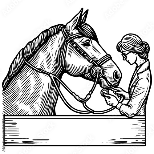 Veterinarian examining horse with stethoscope in detailed line drawing style. Vector, generative ai.