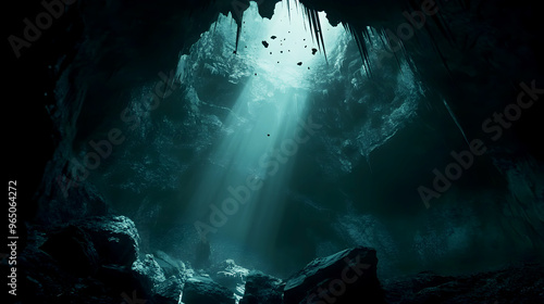 dark cavern, a crack in the ceiling reveals falling rocks that plummet into the room below, creating an atmosphere