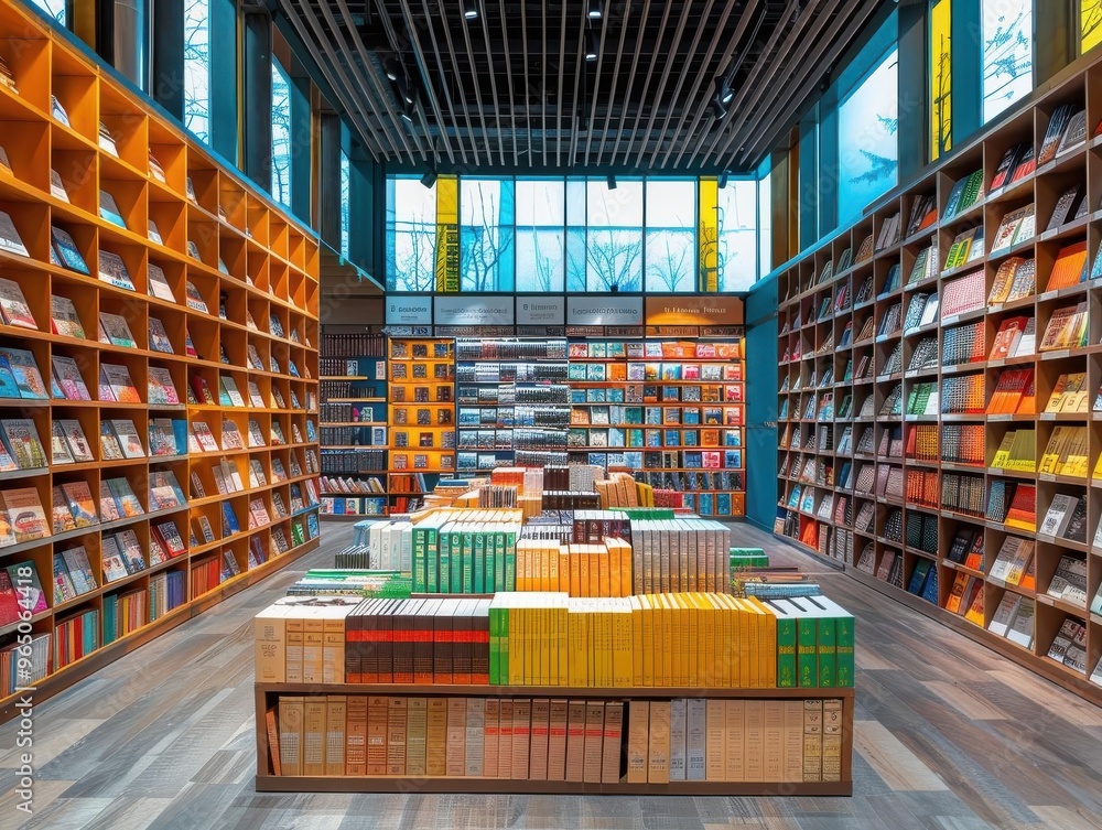 Bright and modern bookstore interior with organized shelves, displaying a vibrant collection of books and cozy reading areas. Bright and modern bookstore interior with organized shelves, displaying a vibrant collection of books and cozy reading areas.