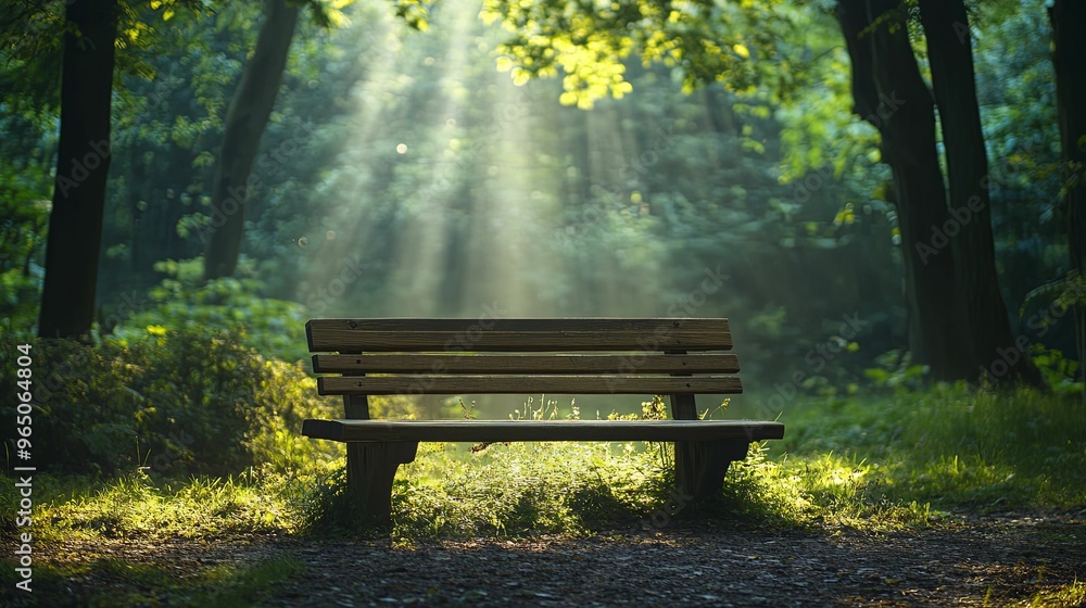A Wooden Bench in a Sun-Dappled Forest Clearing A Wooden Bench in a Sun-Dappled Forest Clearing